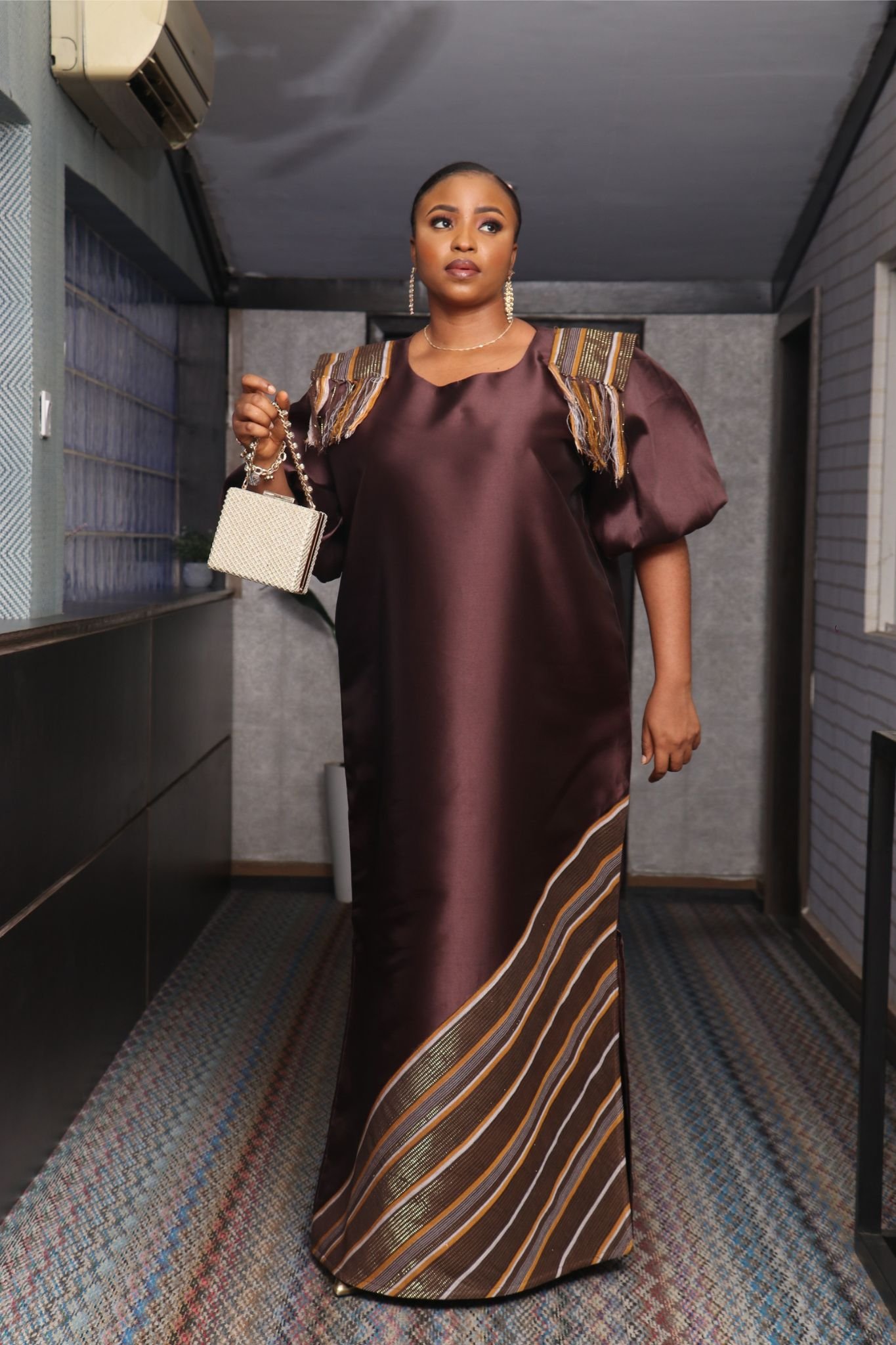 REBECCA03 Shoulder Panelled Mikado-Asooke Mix Boubou Dress