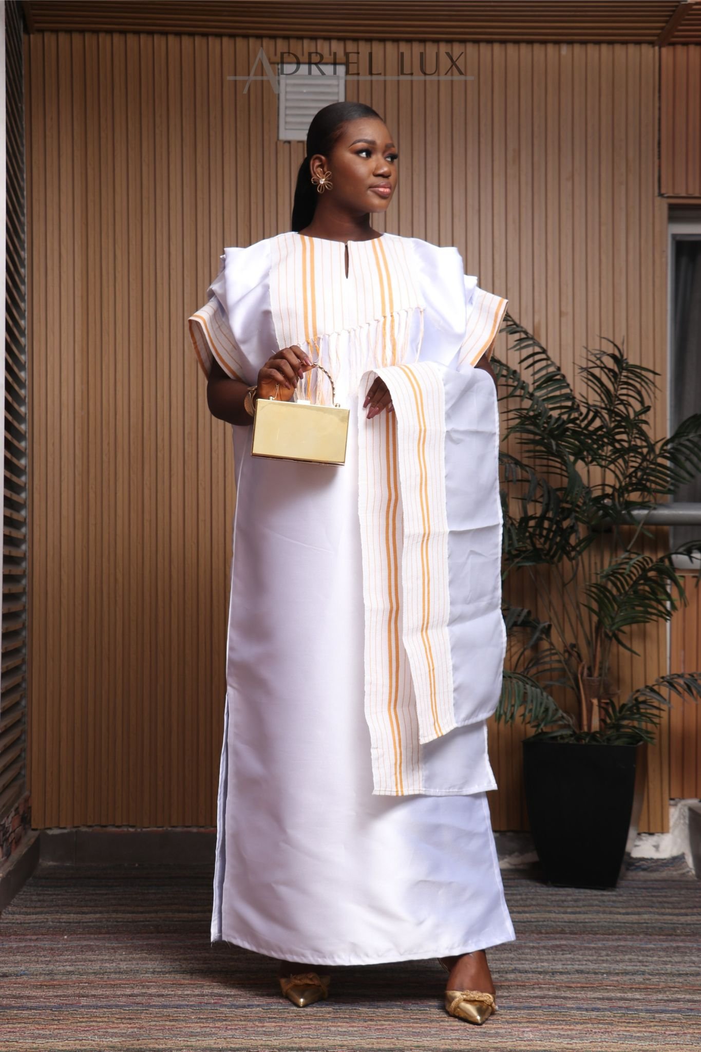 REBECCA02 Fringed Panelled Mikado-Asooke Mix Boubou Dress- White