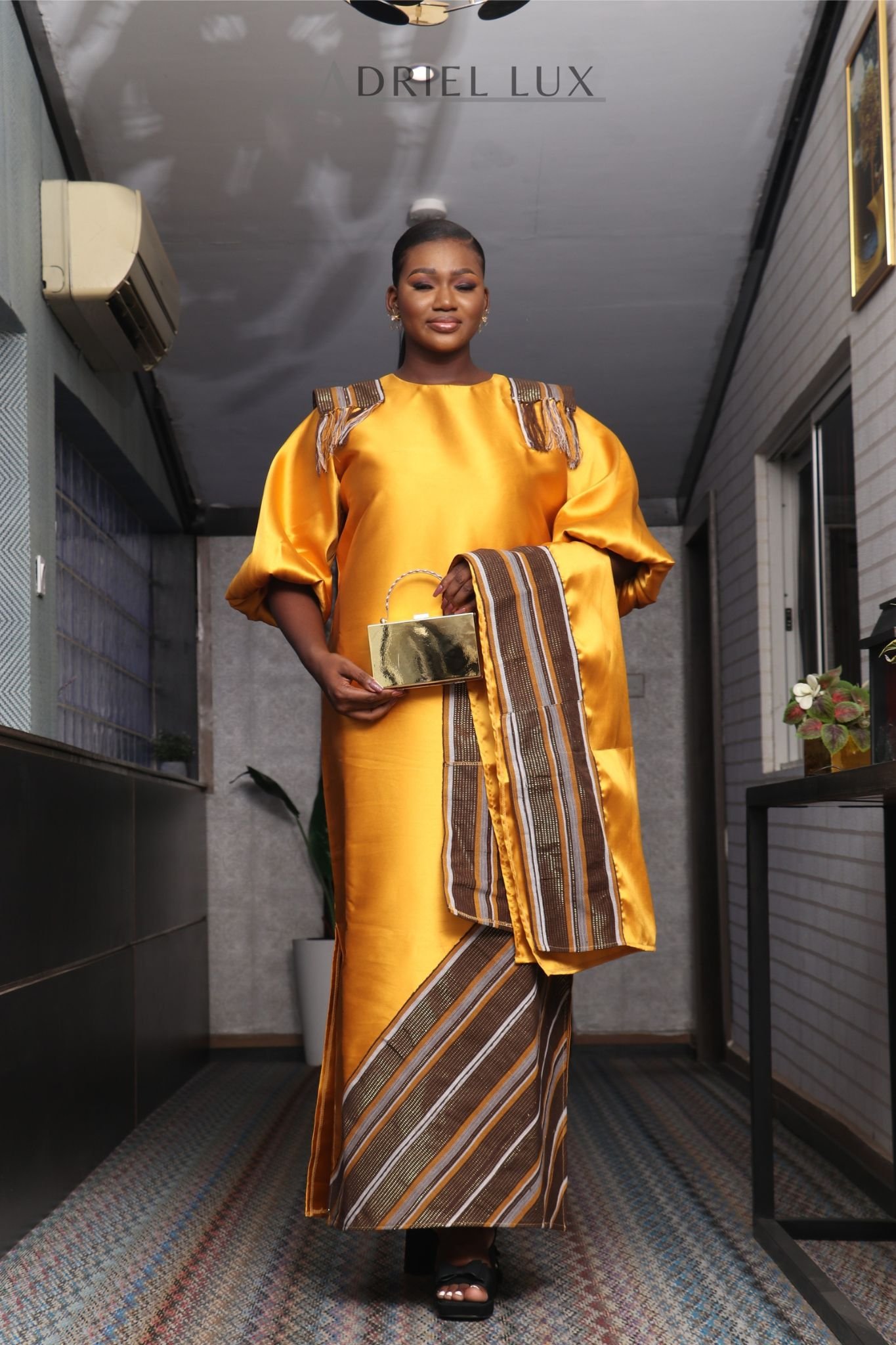 REBECCA03  Shoulder Panelled Mikado-Asooke Mix Boubou Dress- Yellow