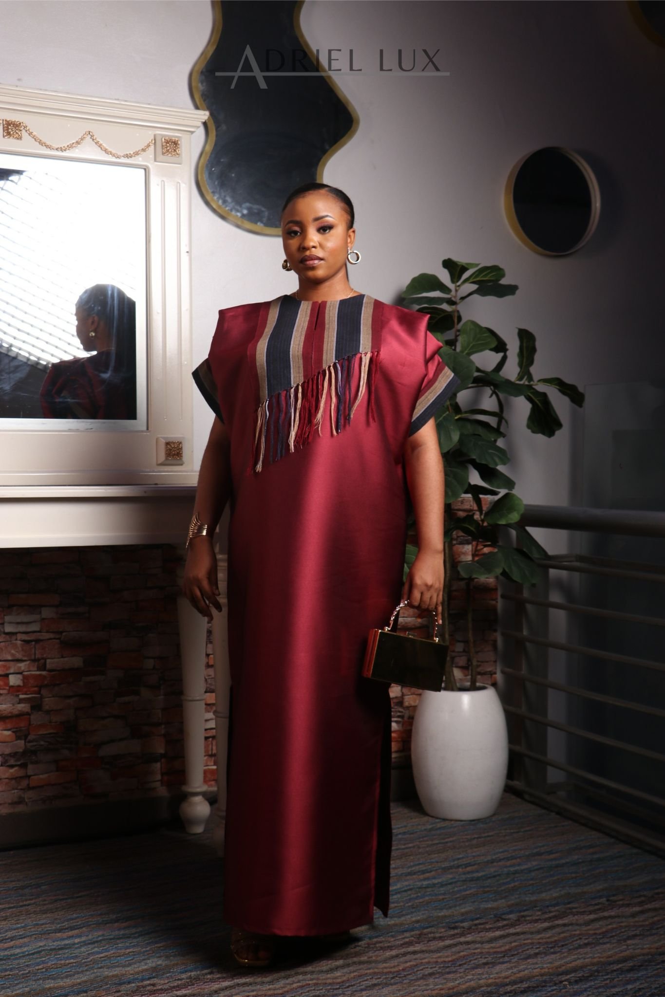 REBECCA02 Fringed Panelled Mikado-Asooke Mix Boubou Dress- Burgundy