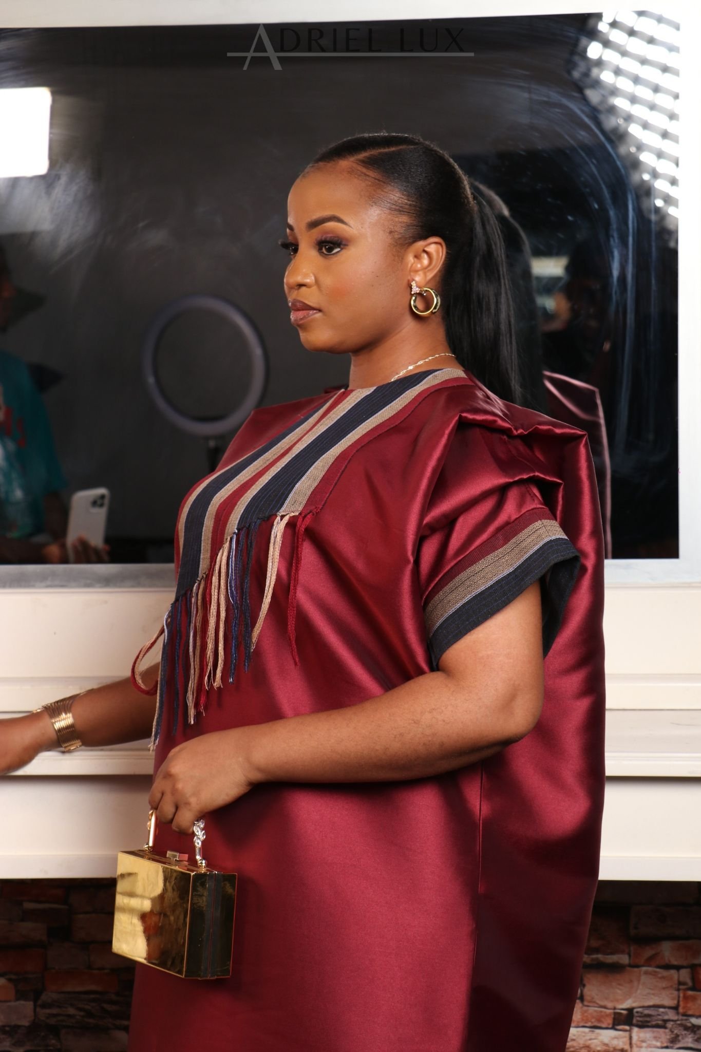 REBECCA02 Fringed Panelled Mikado-Asooke Mix Boubou Dress- Burgundy