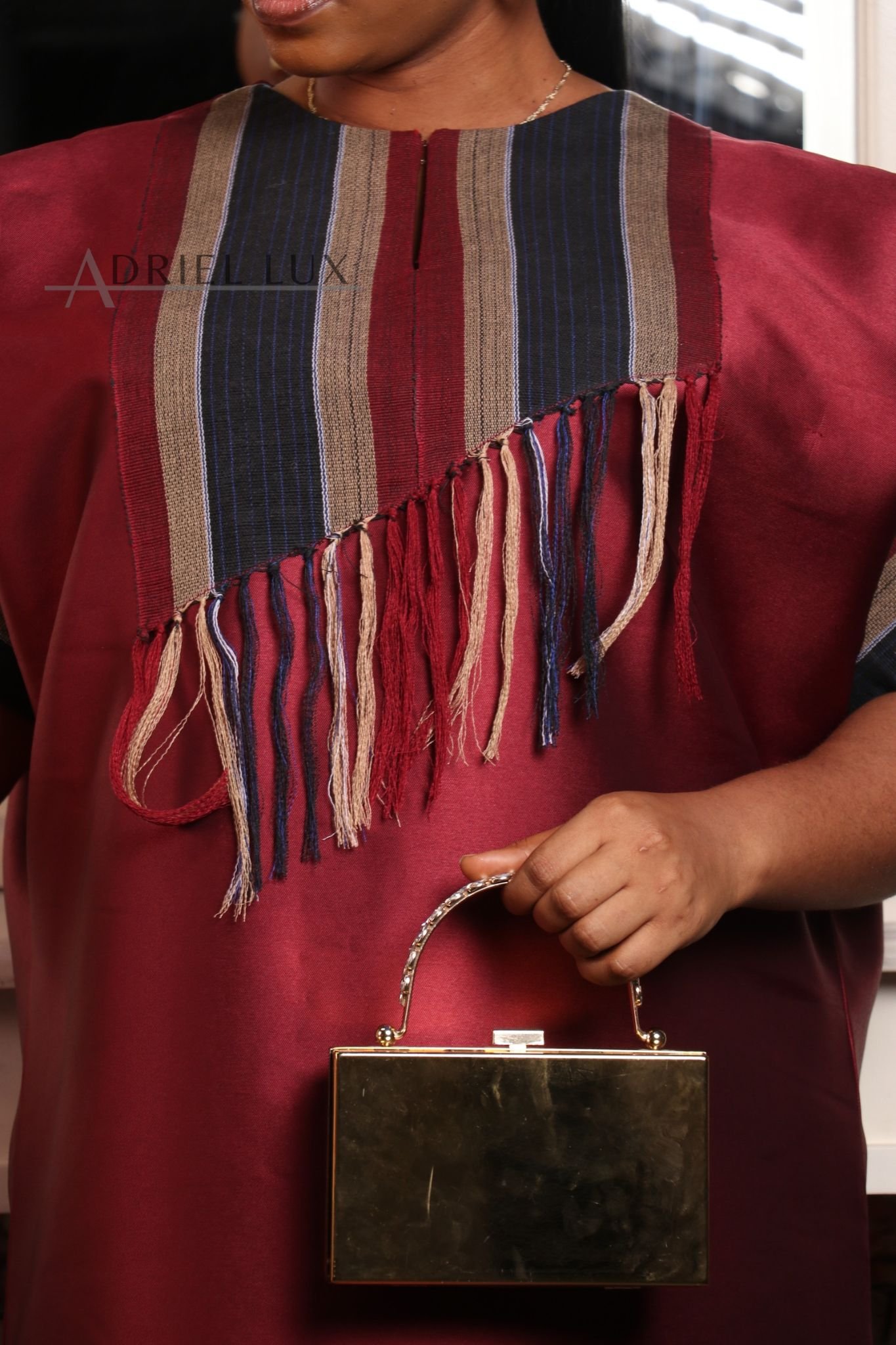 REBECCA02 Fringed Panelled Mikado-Asooke Mix Boubou Dress- Burgundy