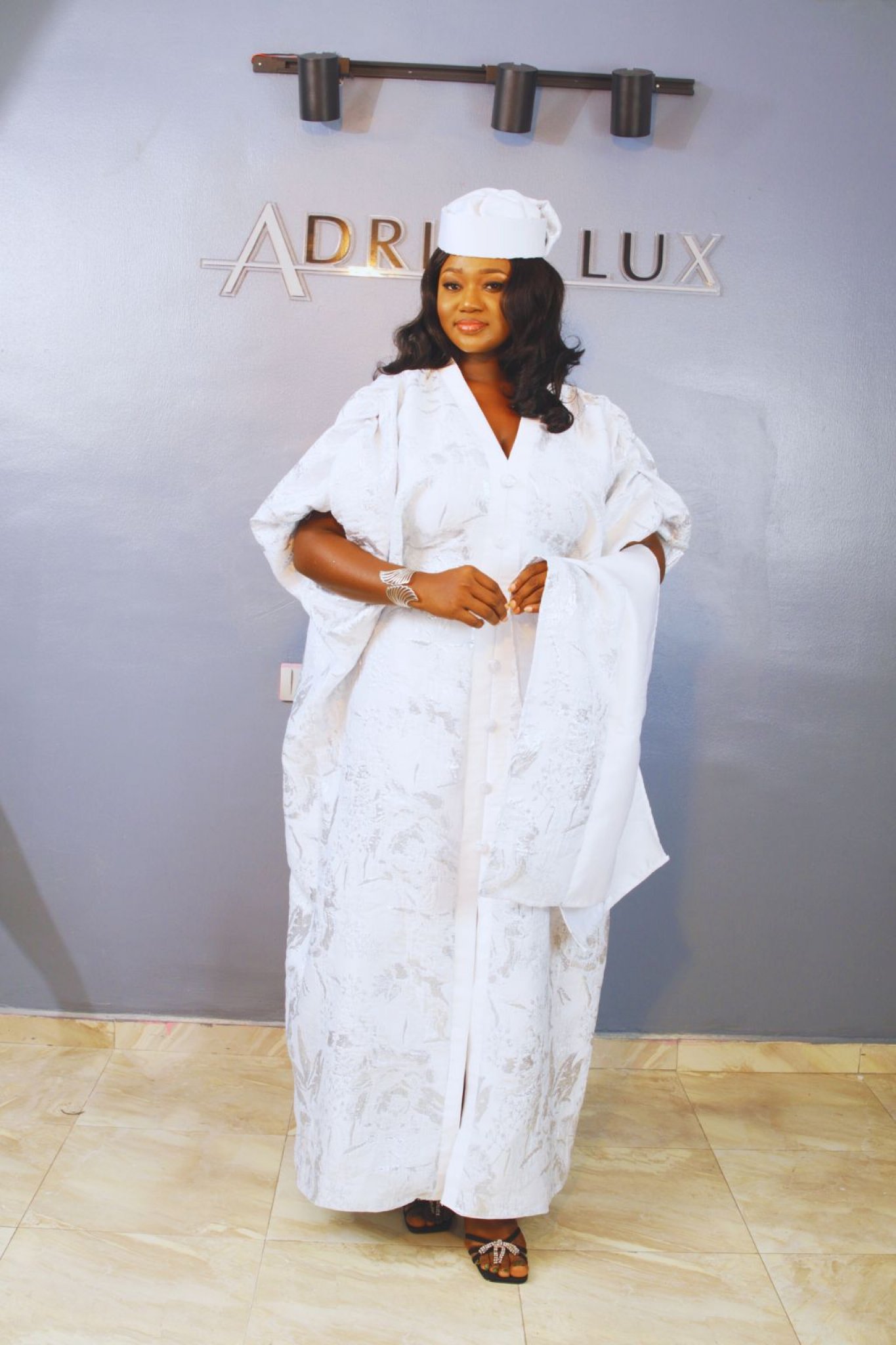 LYDIA 3-Piece Puff-Sleeve Brocade Boubou Dress With Button-Down Mikado Placket