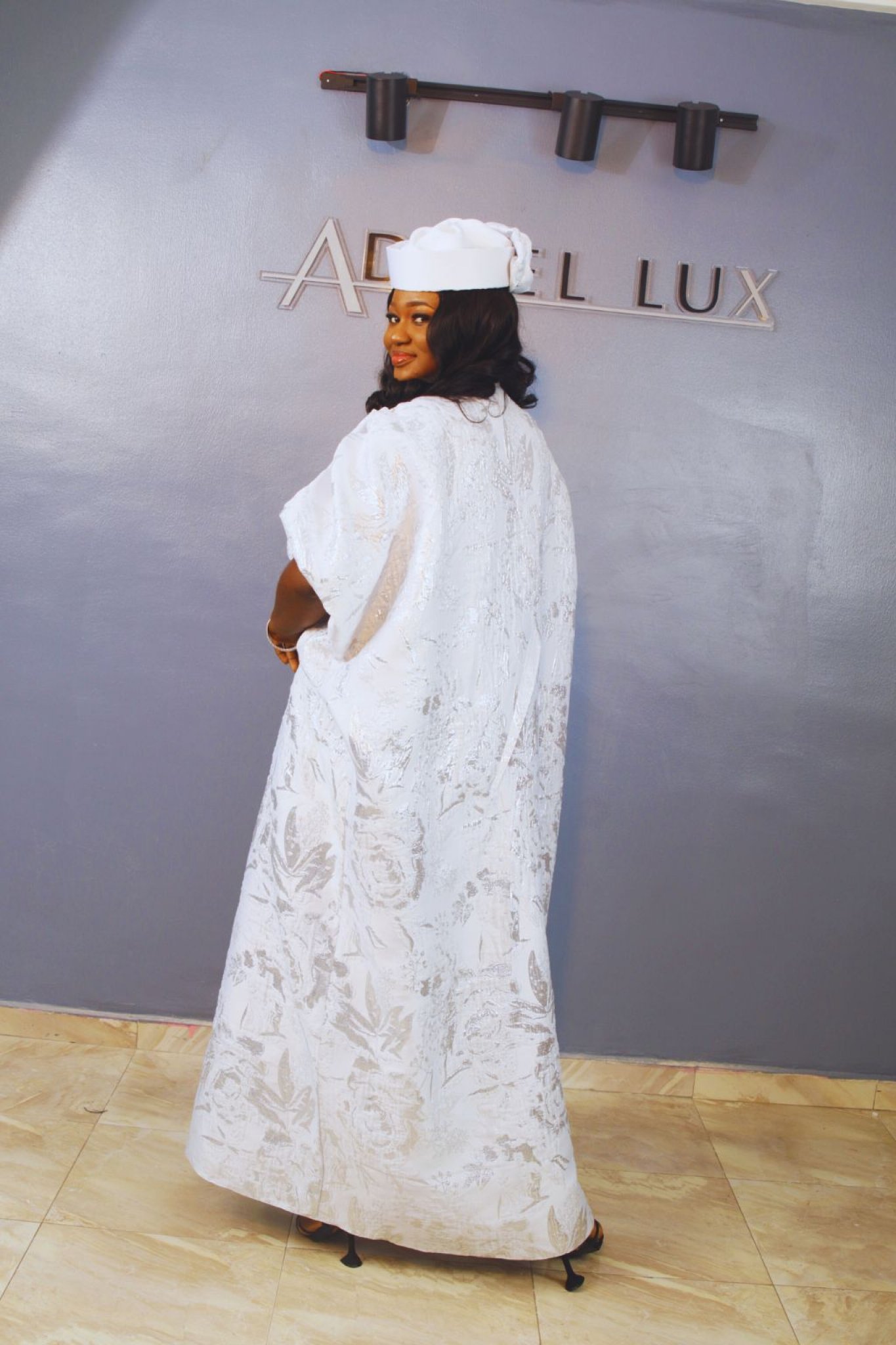 LYDIA 3-Piece Puff-Sleeve Brocade Boubou Dress With Button-Down Mikado Placket