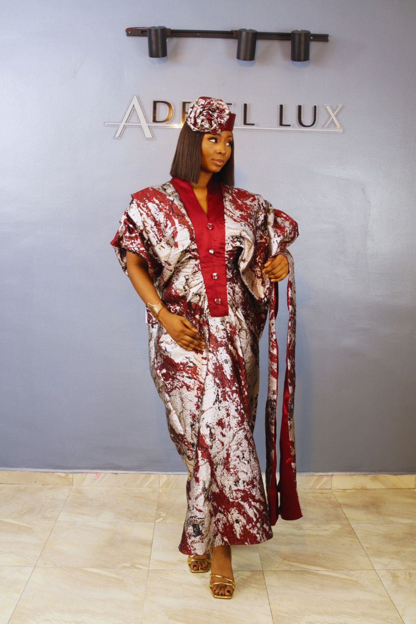 LYDIA02 3-Piece Puff-Sleeve Brocade Boubou Dress With Button-Down Mikado Chest Panel