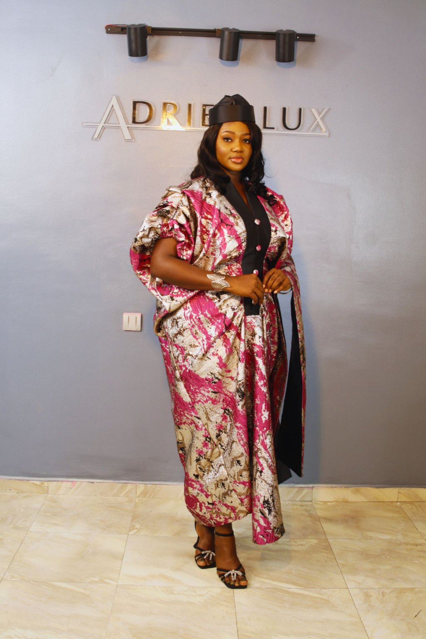 LYDIA02 3-Piece Puff-Sleeve Brocade Boubou Dress With Button-Down Mikado Chest Panel