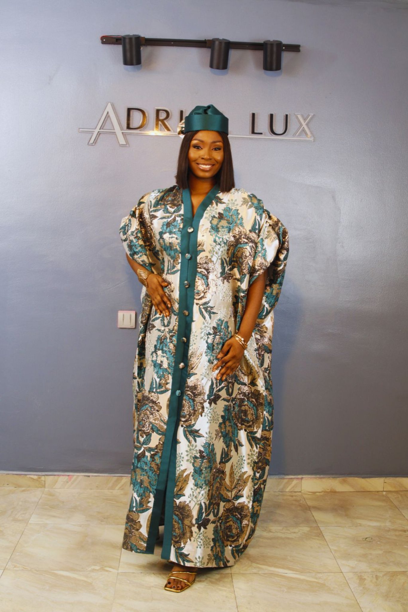 LYDIA 3-Piece Puff-Sleeve Brocade Boubou Dress With Button-Down Mikado Placket