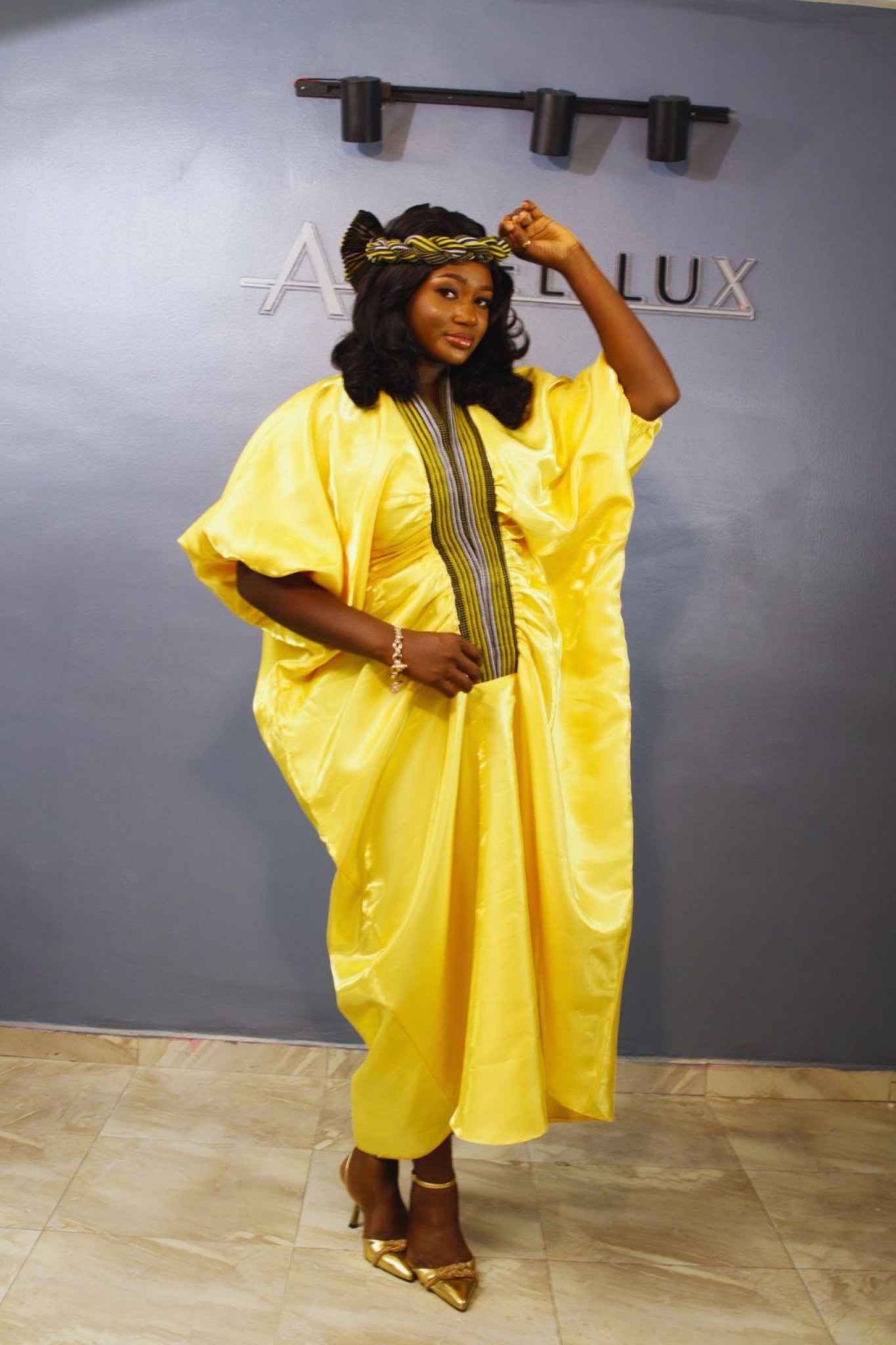 MOFE02-piece Liquid Mikado-Asooke Mix Boubou Dress and Hat Set