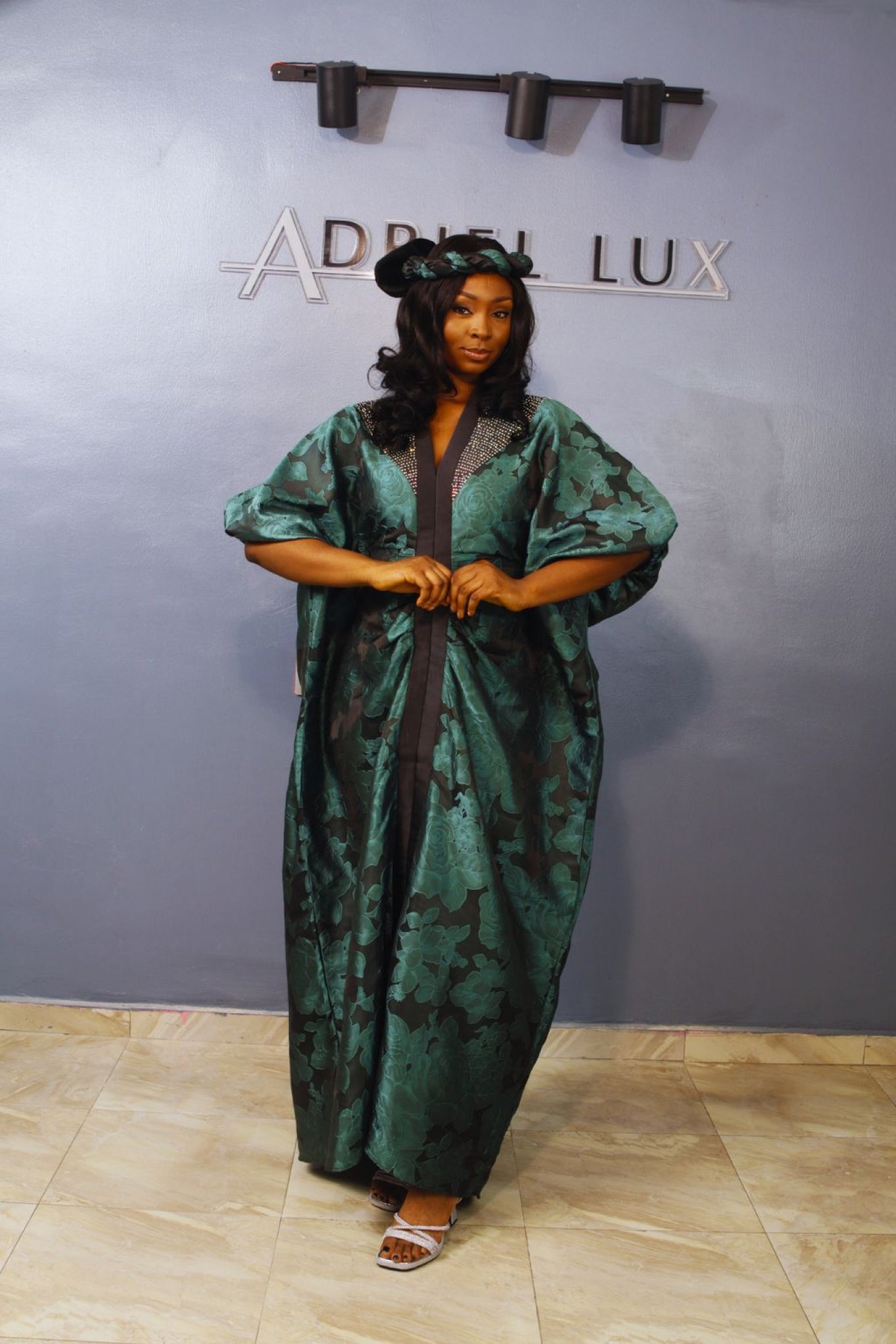 LAYO 3-Piece Rhinestone Lace Brocade Boubou with Matching Twist Hat- Green 