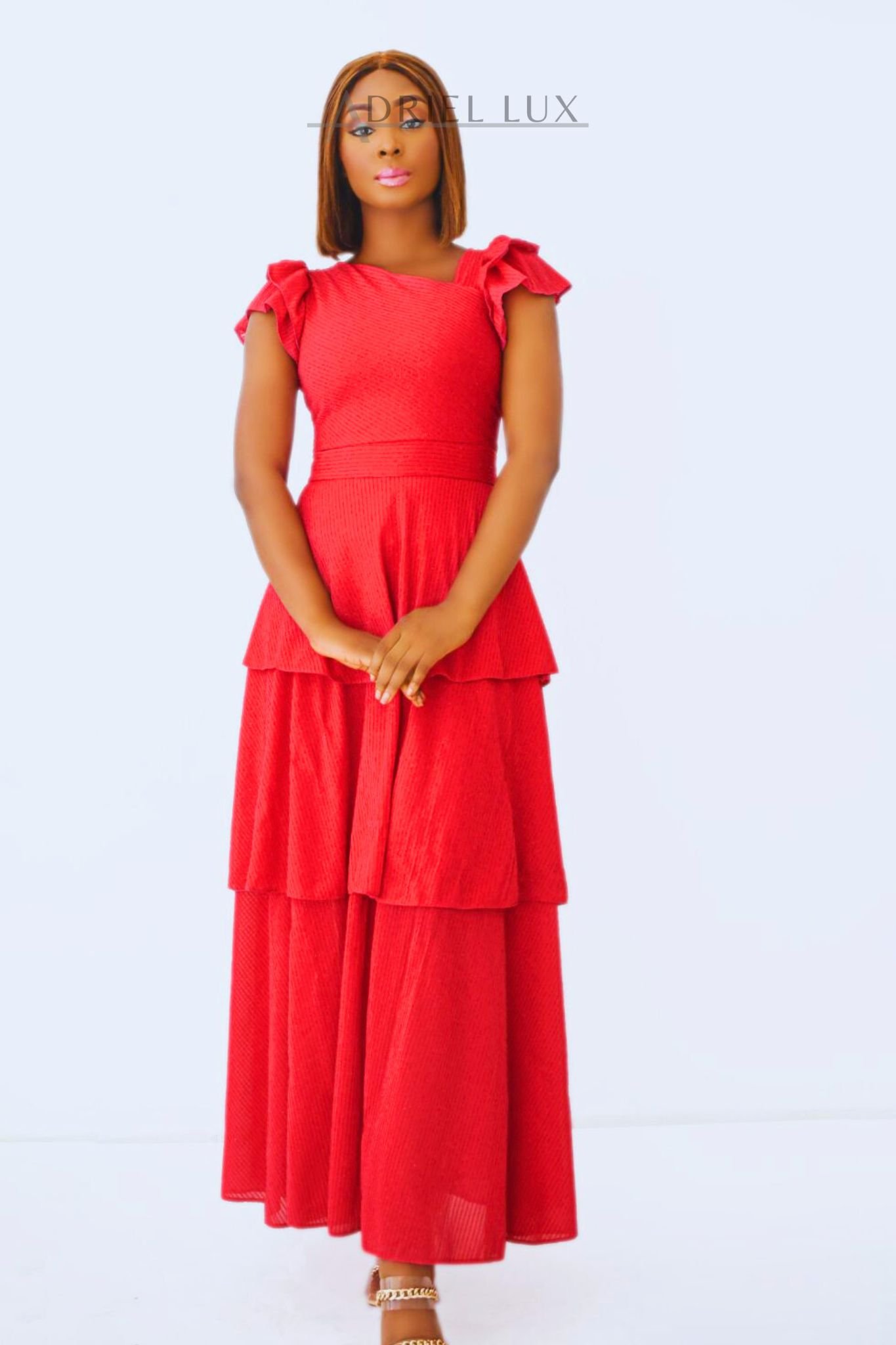 Shimmery Layered-Tier Maxi Dress with Asymmetric Neckline