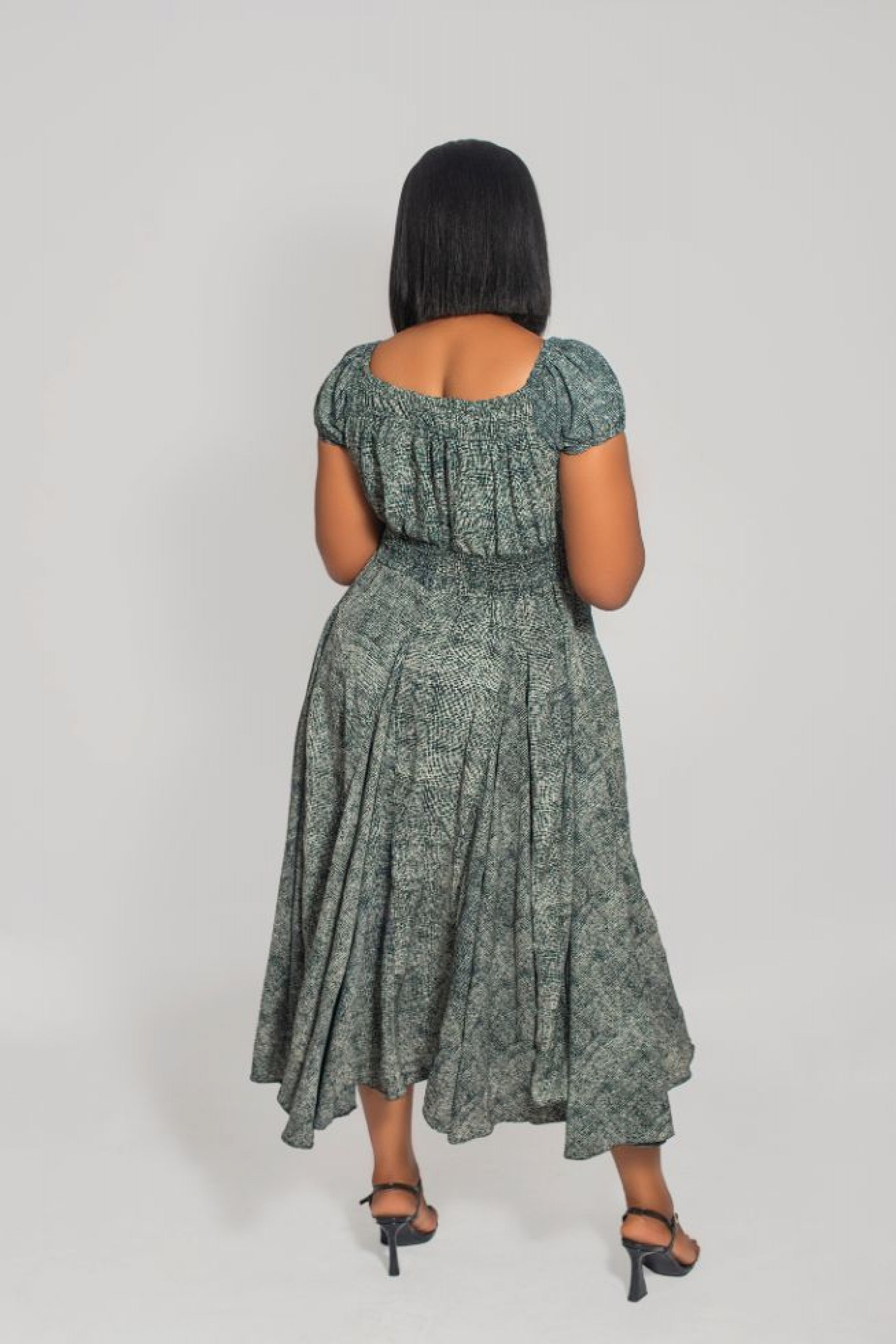 Smoked Waist Flared Midi Dress