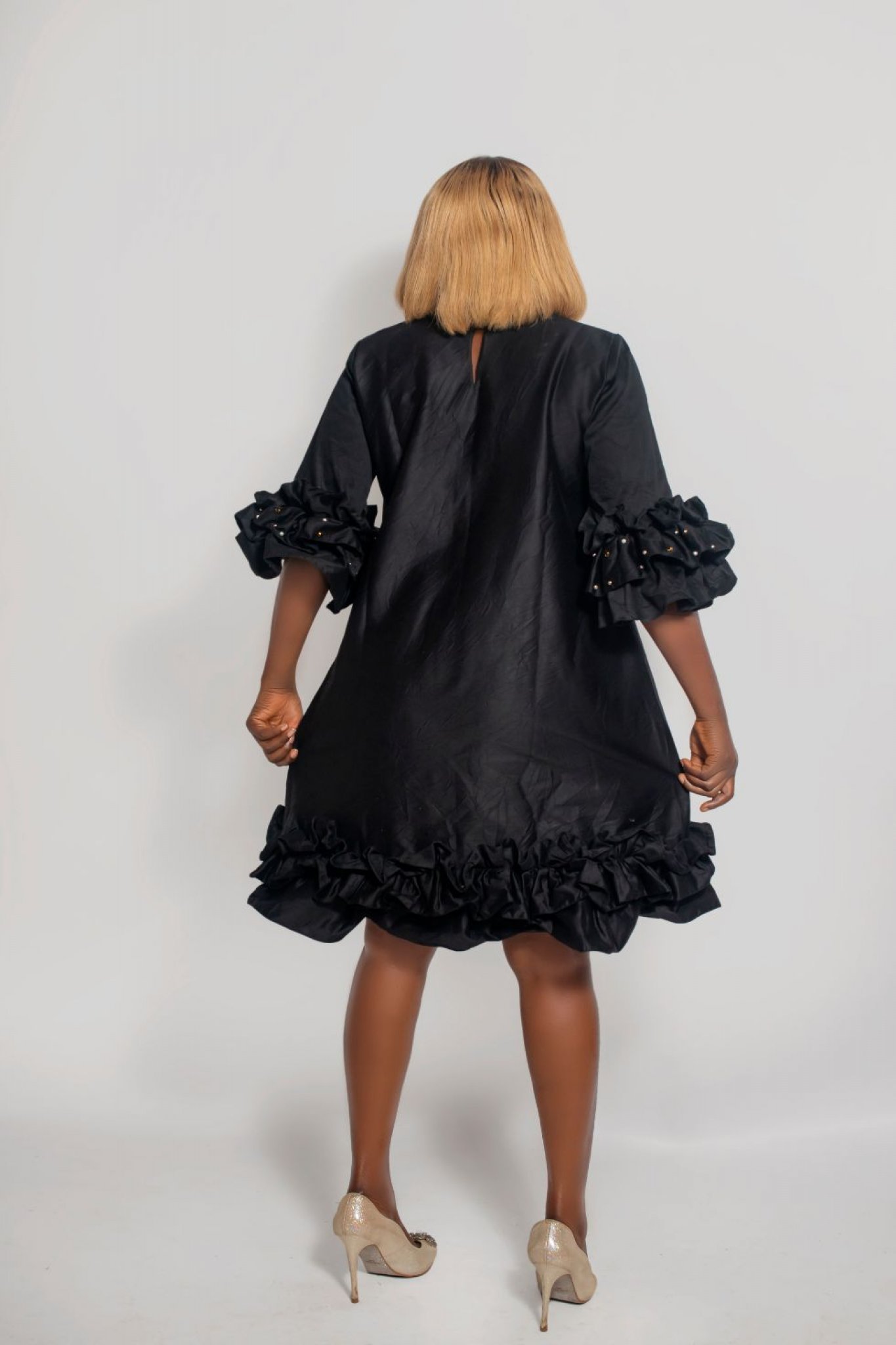 Ruffle Hem Shift Dress With Stoned Ruffle Sleeves