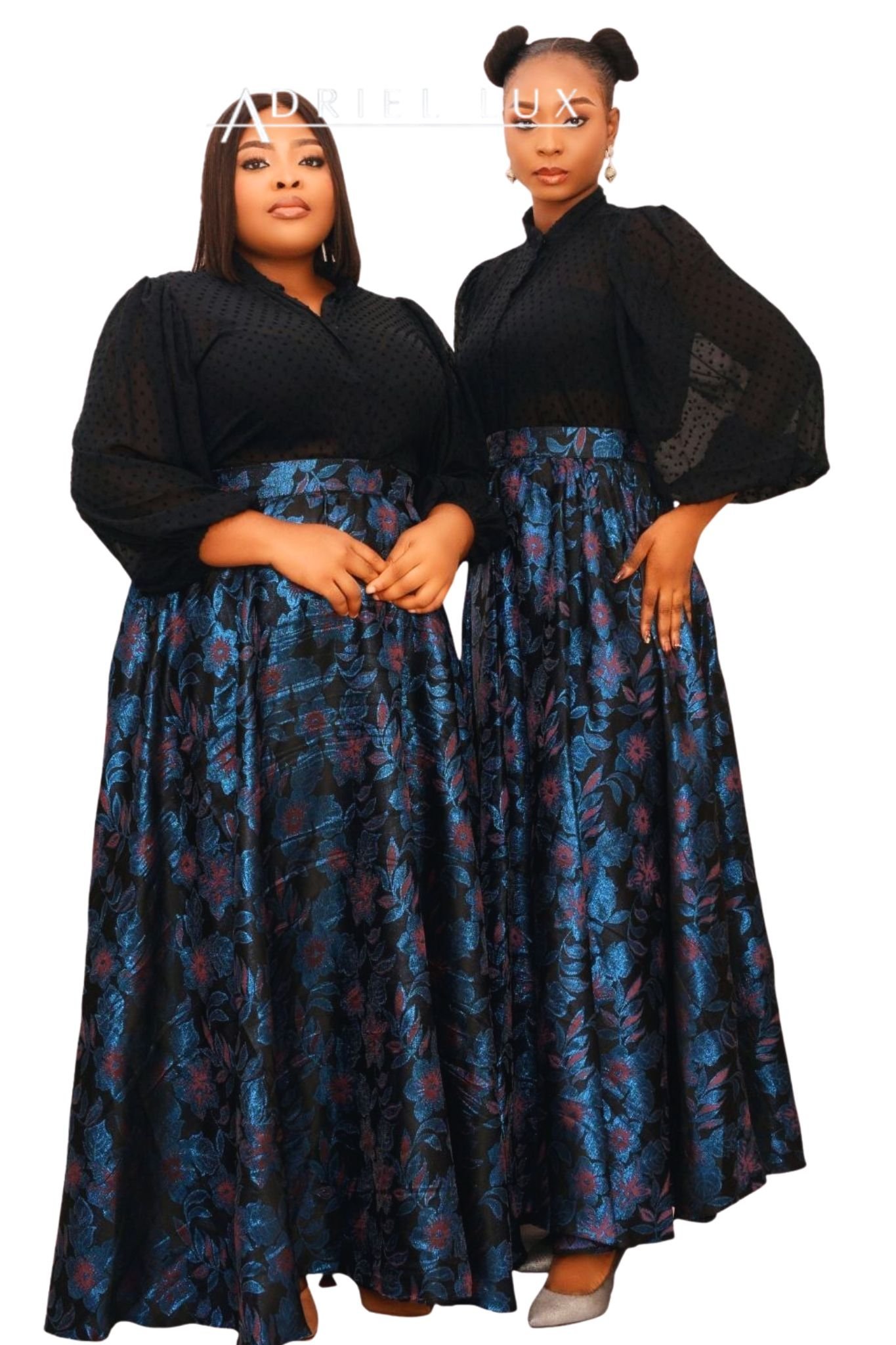 2PC Botton-Down Jacquard Chiffon Top with Damask Maxi Skirt Co-ord Set